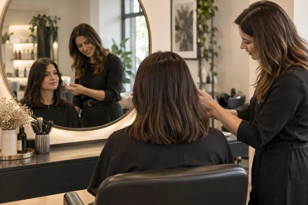 Discuție despre o schimbare de coafură, în fața oglinzii din salon.