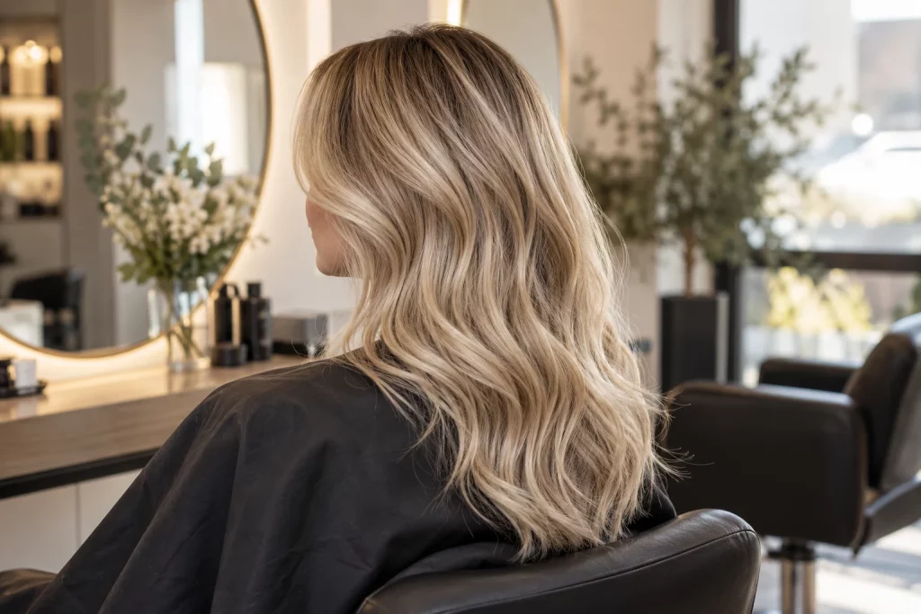 Păr blond în nuanță bej, cu rădăcini mai închise și valuri lejere.