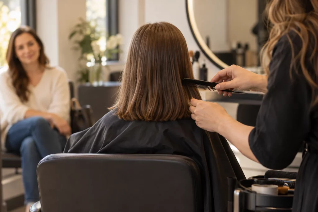 Păr șaten până la umeri, cu contur simplu, la un copil în pelerină de salon.